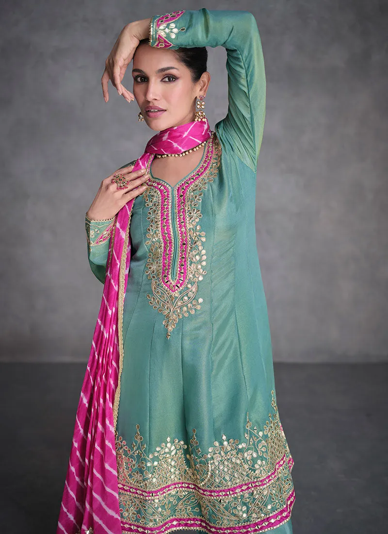 Sea Green Reshamkari Embroidery Anarkali Afghani Suit