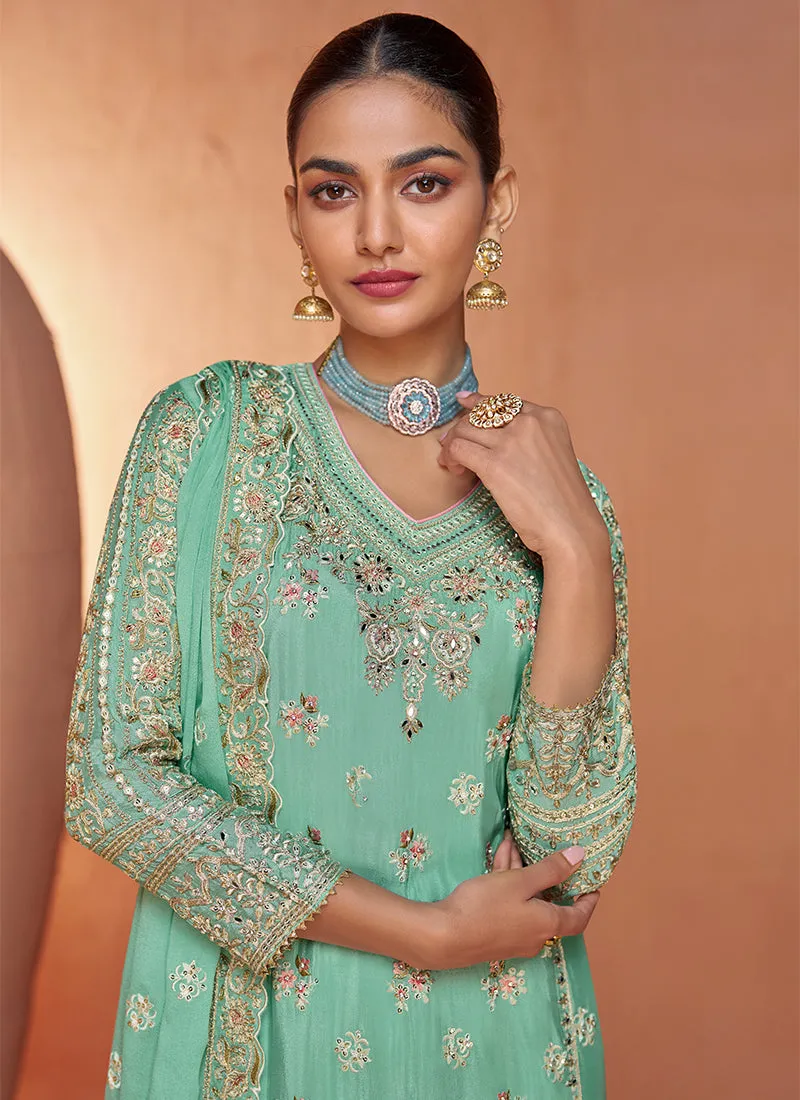 Sea Green Reshamkari Embroidery Festive Palazzo Suit