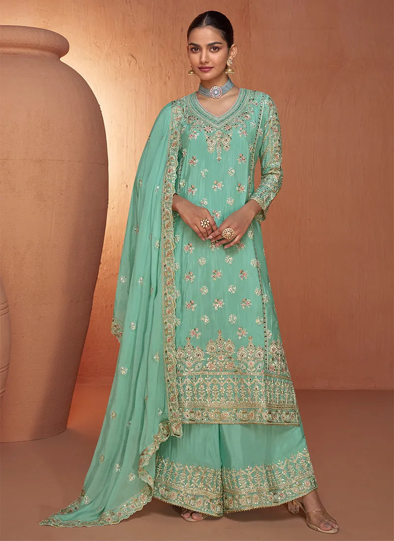 Sea Green Reshamkari Embroidery Festive Palazzo Suit