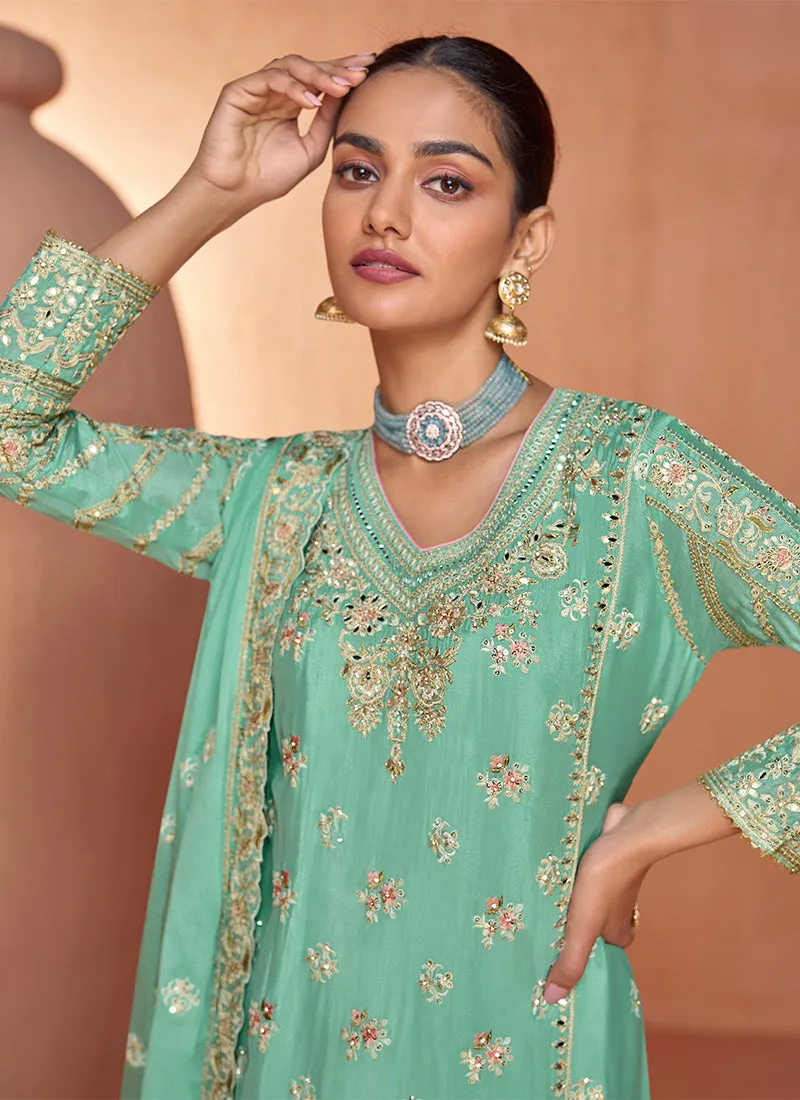 Sea Green Reshamkari Embroidery Festive Palazzo Suit