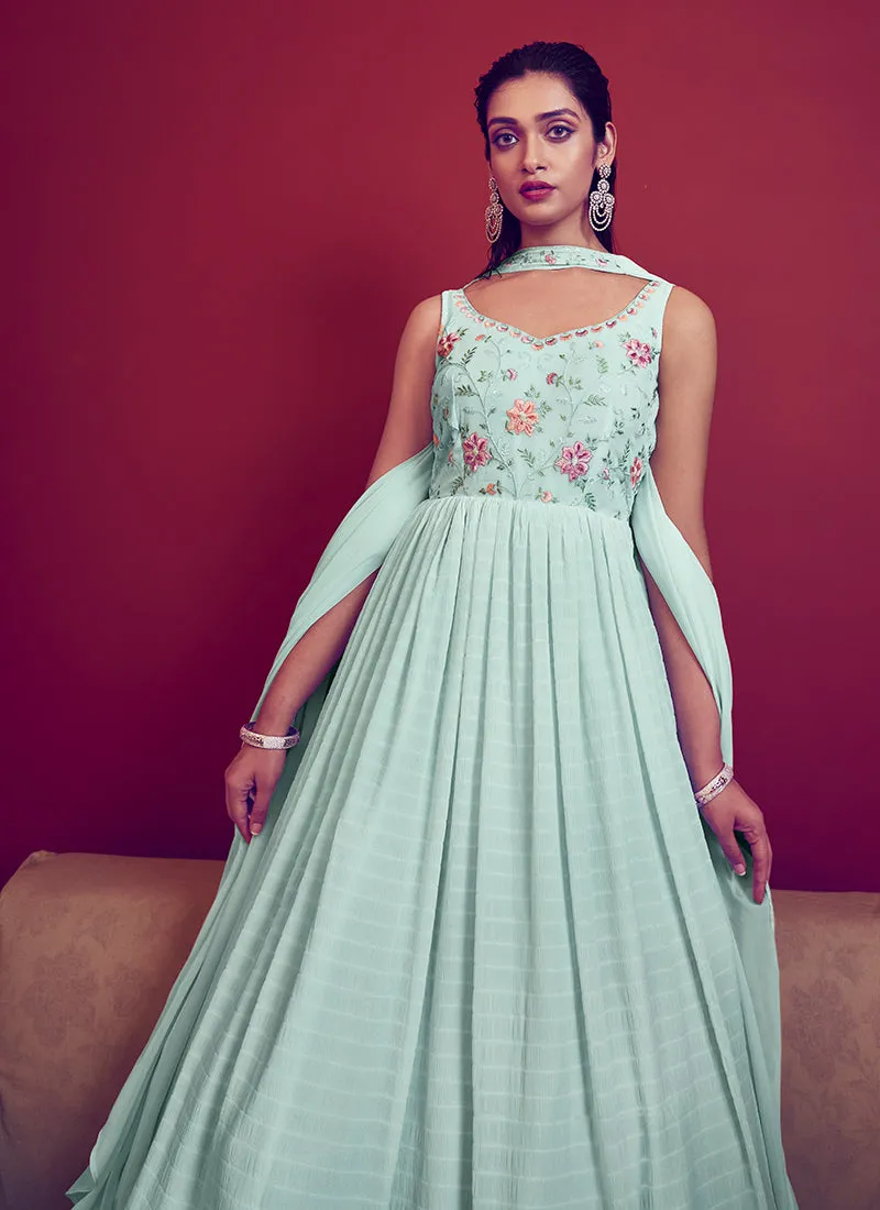 Sea Green Sequence Embroidery Designer Festive Gown