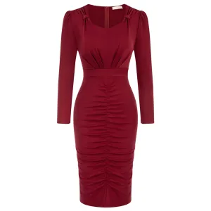 Seckill Offer⌛Vintage Ruched Dress Long Sleeve Defined Waist Bodycon Dress