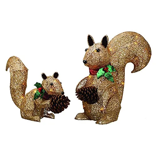 Set of 2 Lighted Woodland Squirrels Sculpture Decoration Pre Lit Display Outdoor Christmas Yard Decoration Garden Yard Art Holiday Winter Display