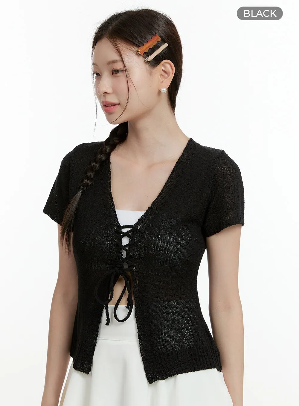 Sheer V-Neck Tie Short Sleeve Cardigan OL423