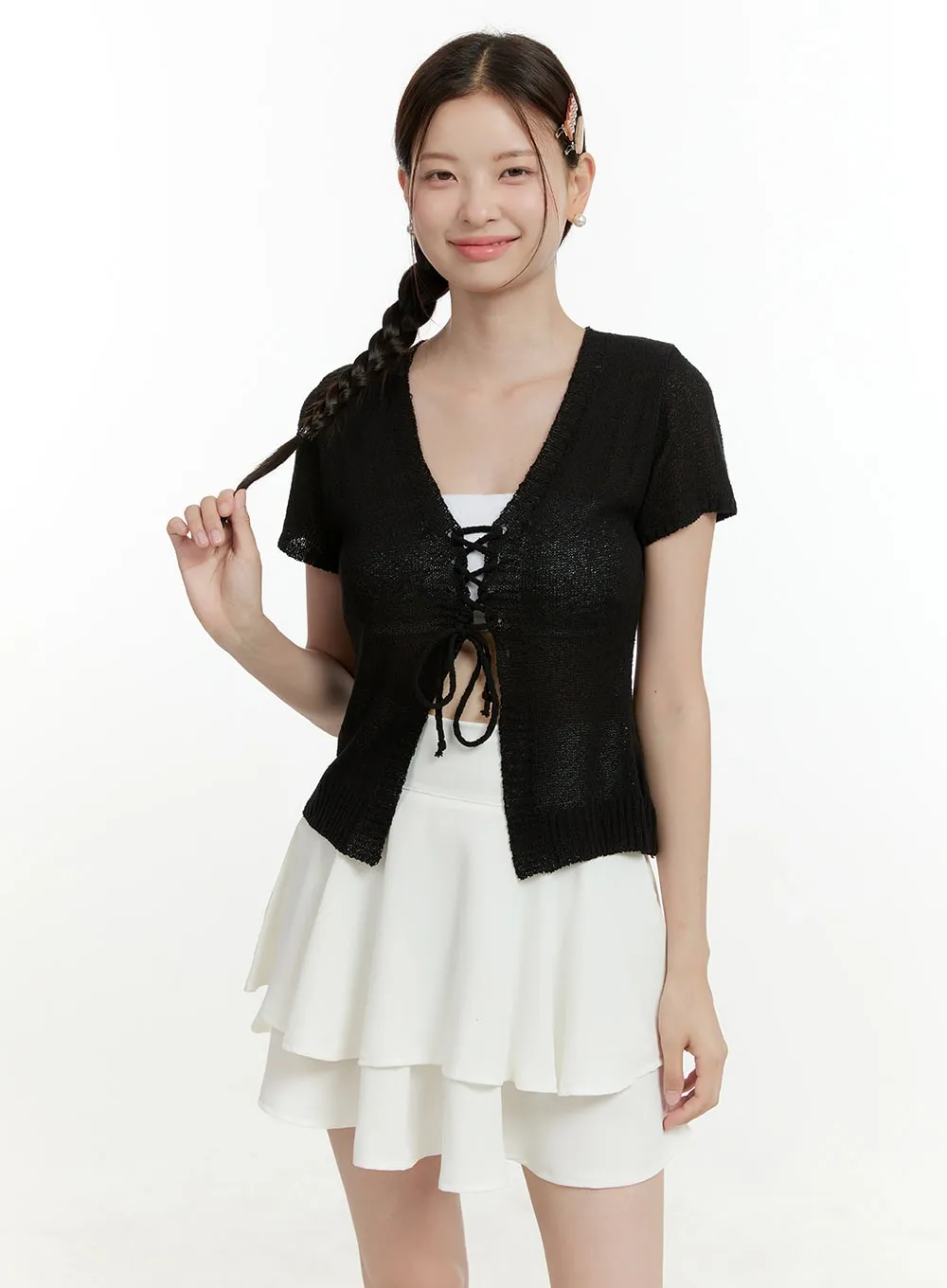 Sheer V-Neck Tie Short Sleeve Cardigan OL423