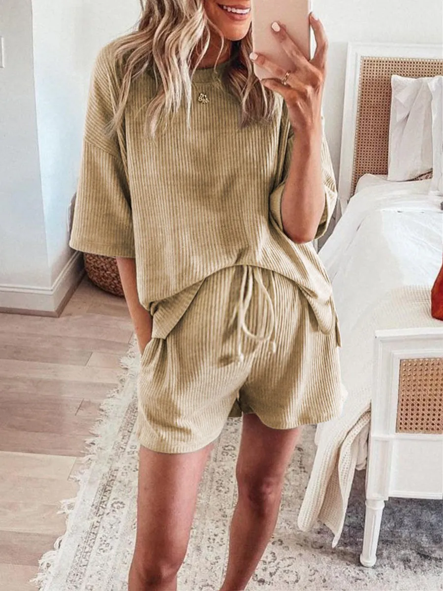 Simple Casual Loose Loungewear Short Sleeve Top Shorts Set