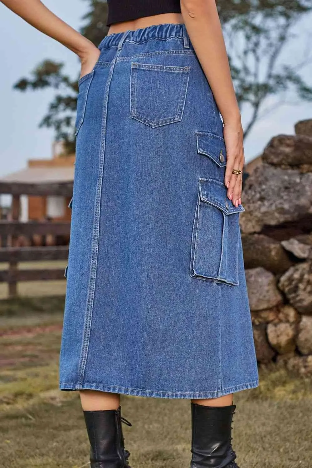 Slit Front Midi Denim Skirt with Pockets