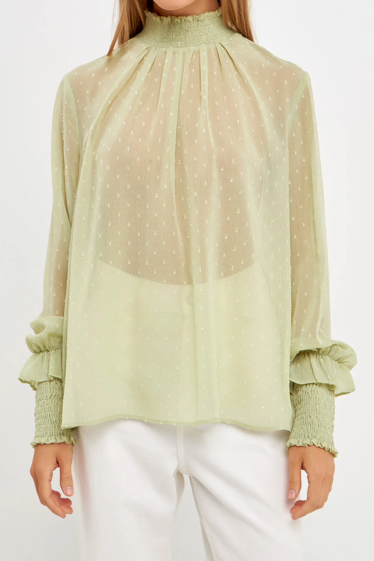 Smocking Detailed Long Sleeve Woven Top