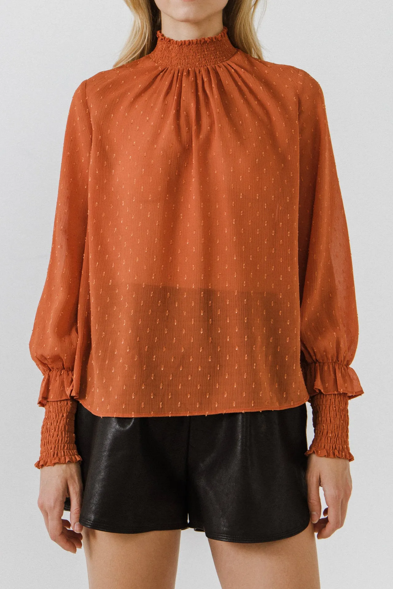 Smocking Detailed Long Sleeve Woven Top