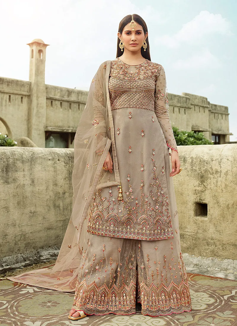 Soft Grey Golden Gharara Suit