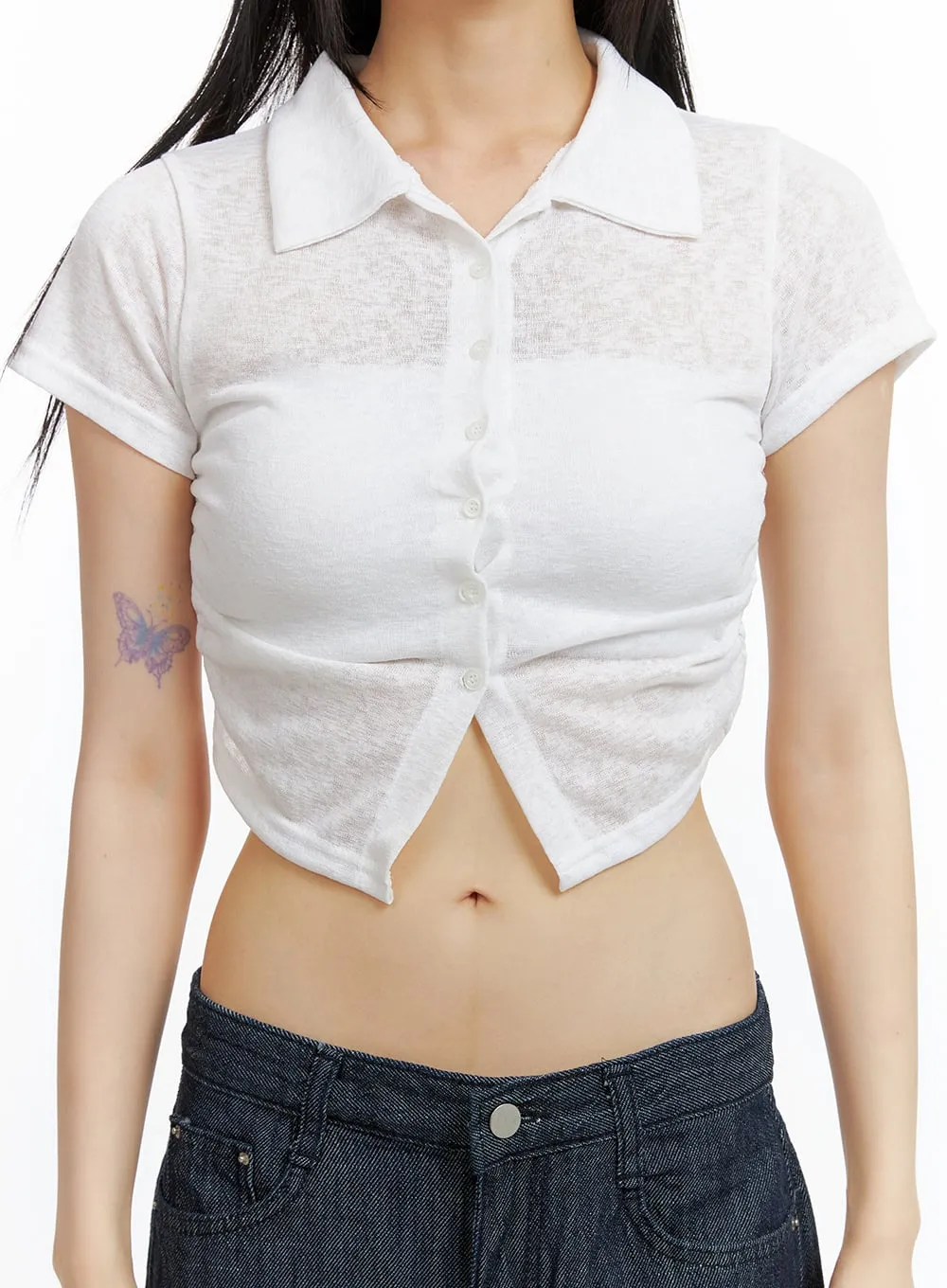 Solid Mesh Crop Collar Blouse CL403