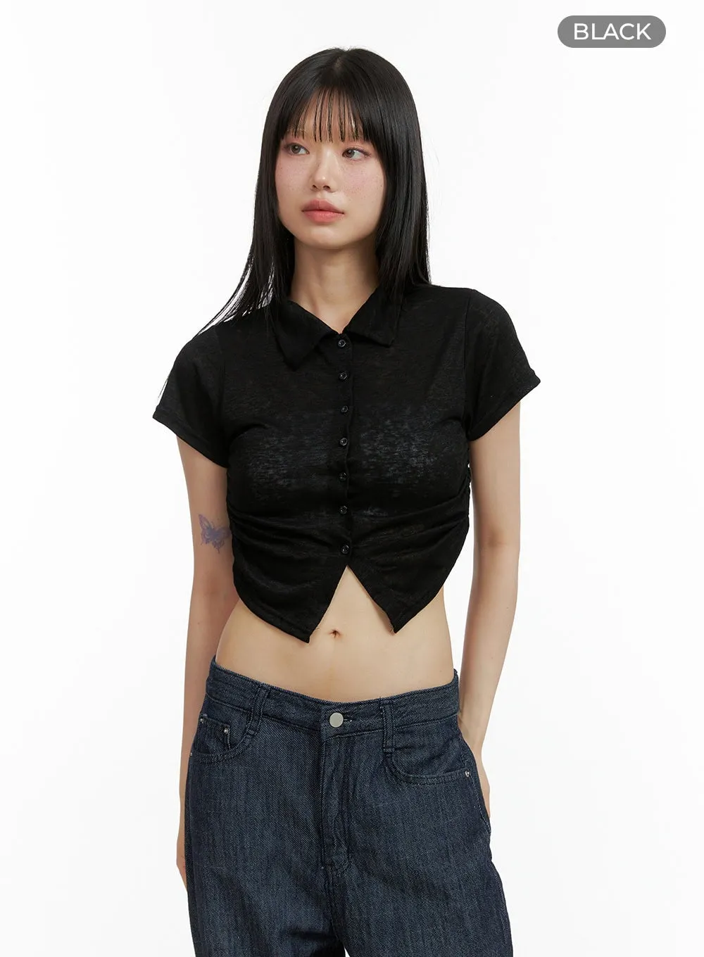 Solid Mesh Crop Collar Blouse CL403