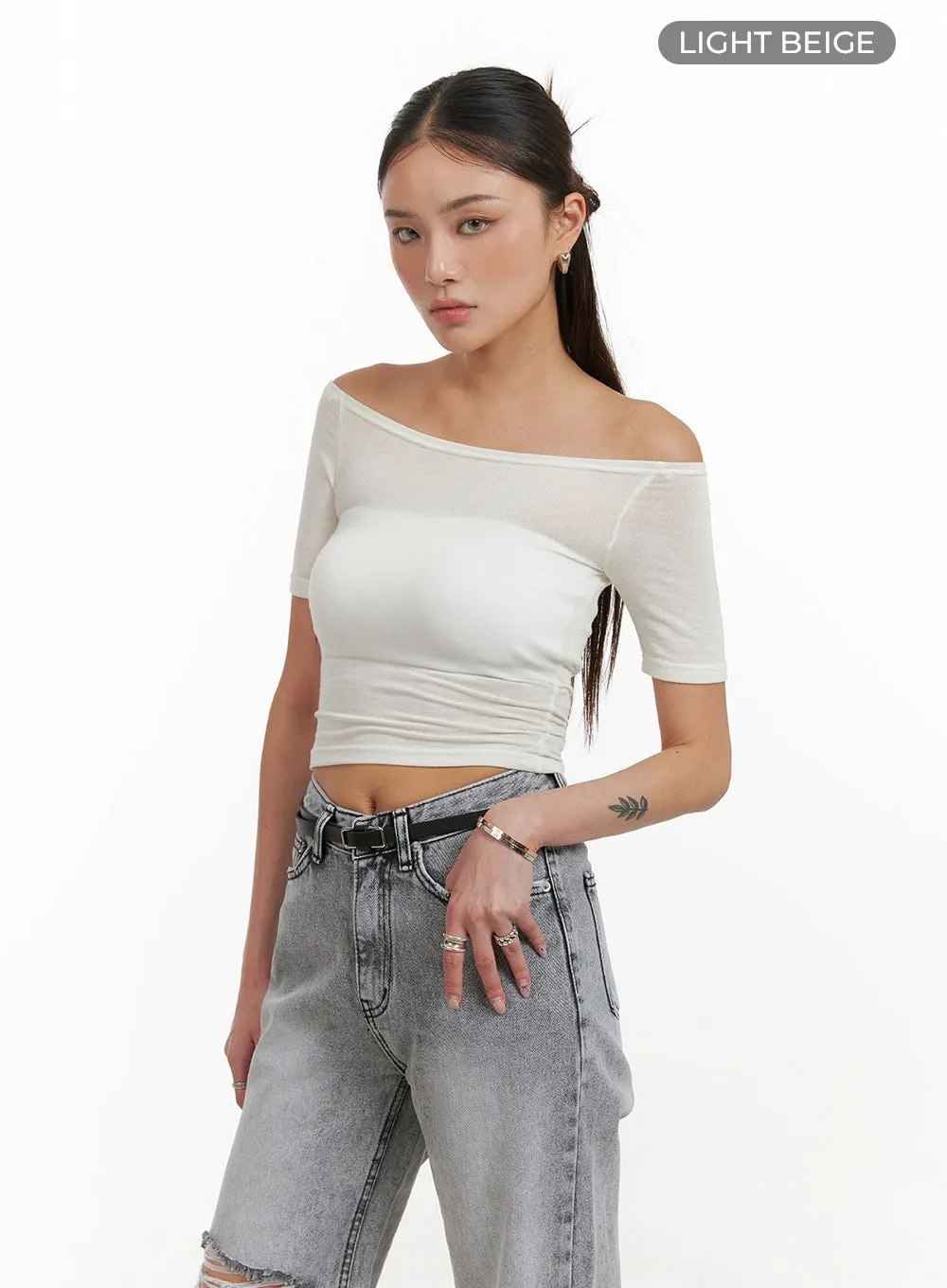 Solid Sheer Off Shoulder Top CY402