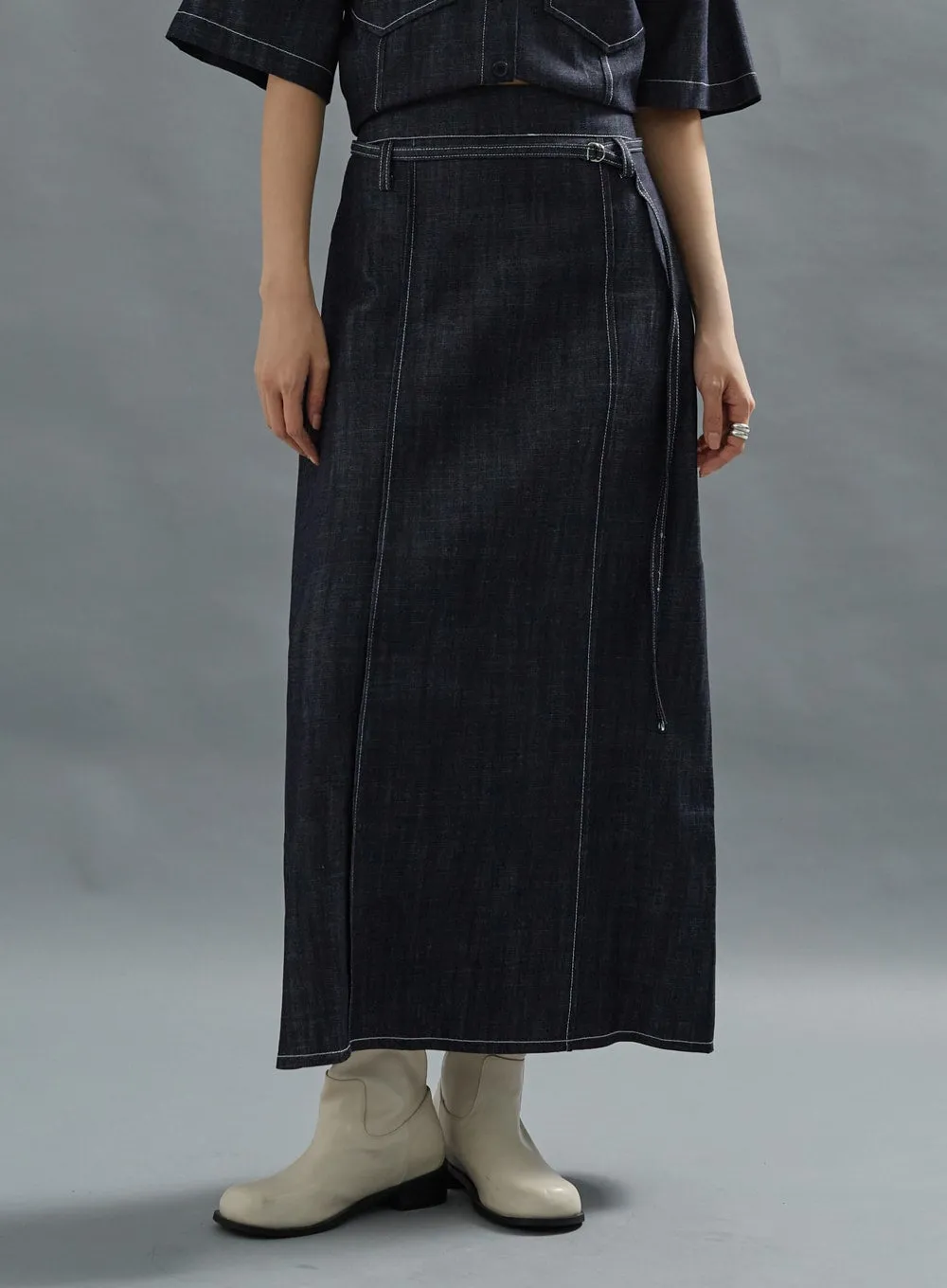 Stich Denim Long Skirt With Belt Set CG01