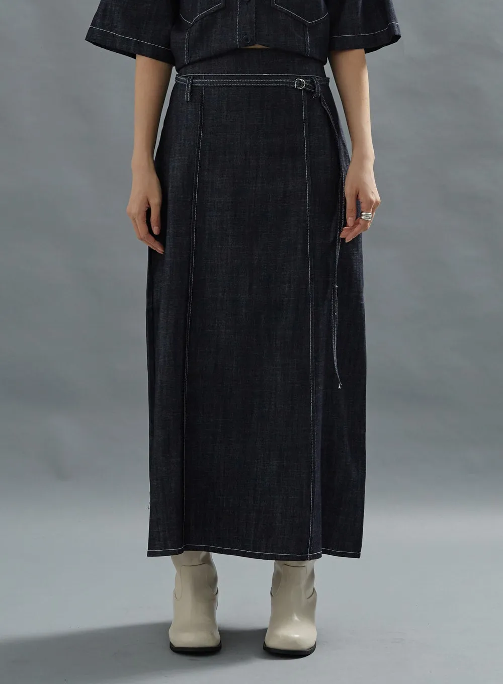 Stich Denim Long Skirt With Belt Set CG01