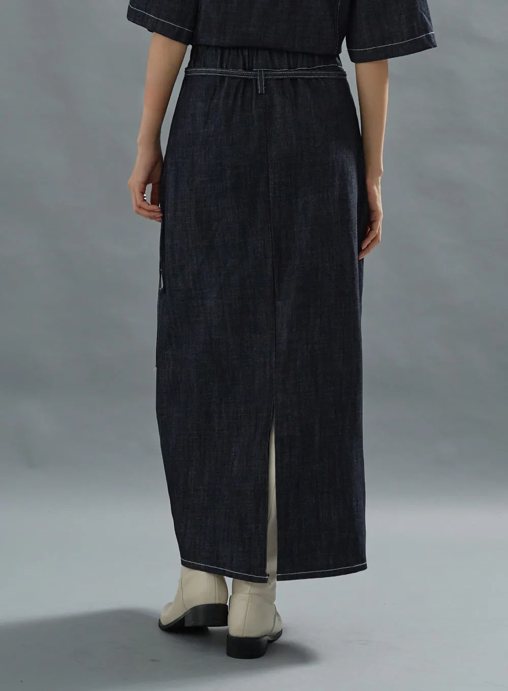 Stich Denim Long Skirt With Belt Set CG01