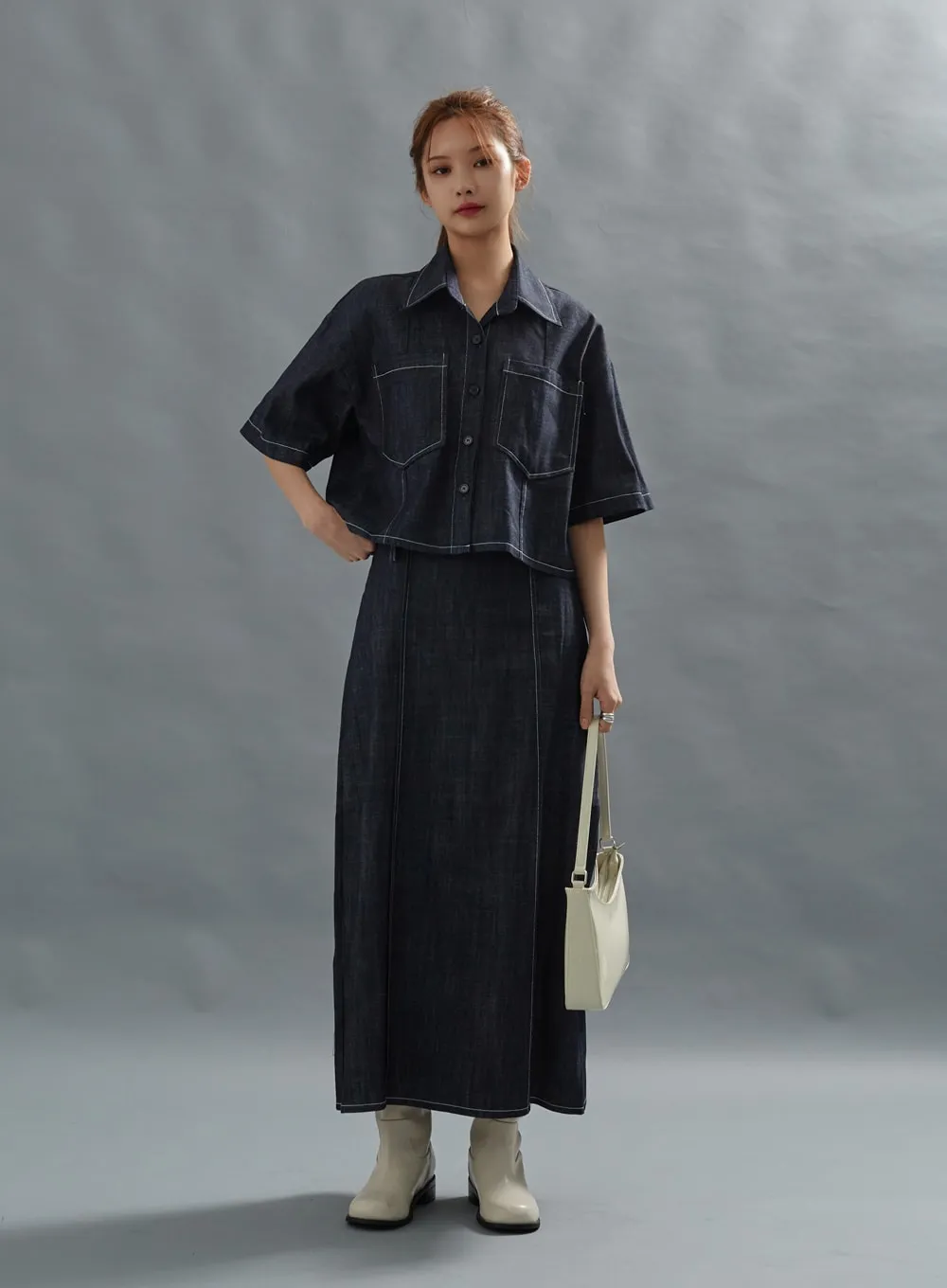 Stich Denim Long Skirt With Belt Set CG01