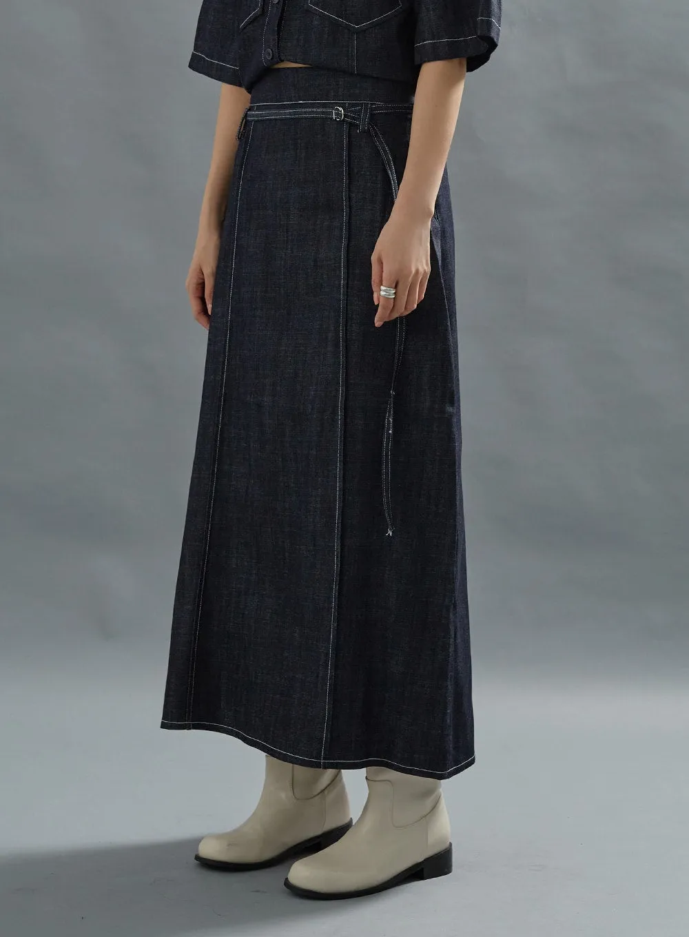 Stich Denim Long Skirt With Belt Set CG01