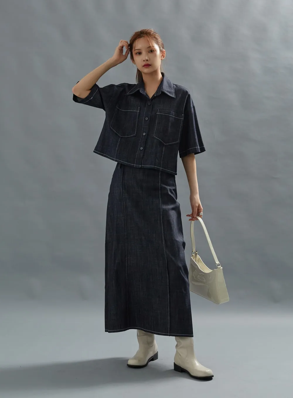 Stich Denim Long Skirt With Belt Set CG01