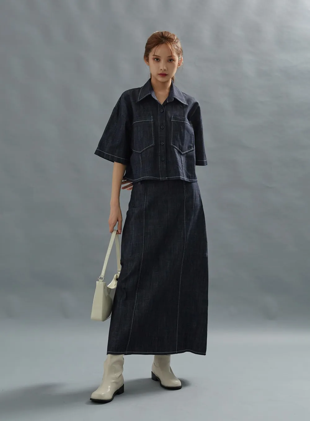 Stich Denim Long Skirt With Belt Set CG01