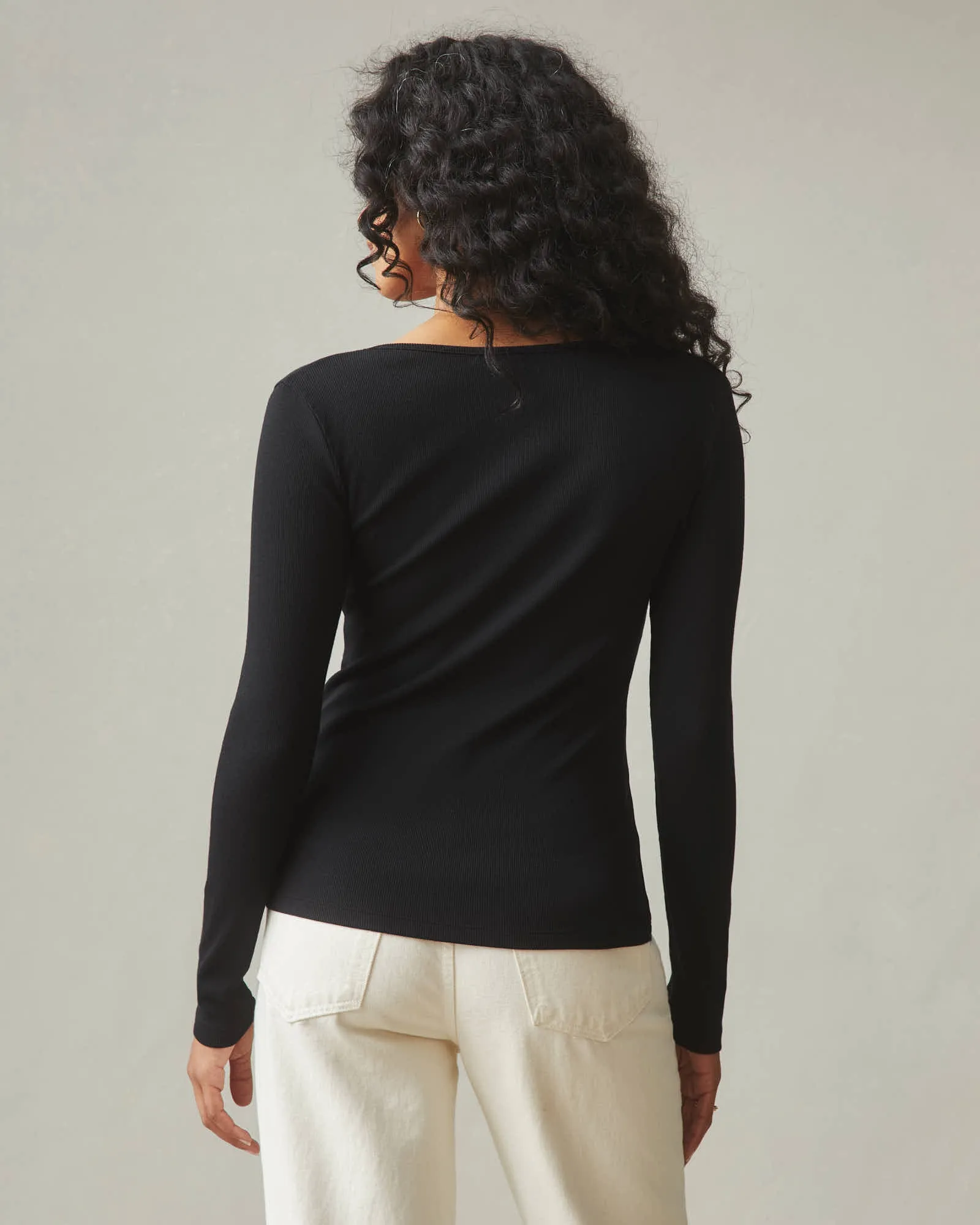 Stretch Rib Square Neck Long Sleeve Tee - Black