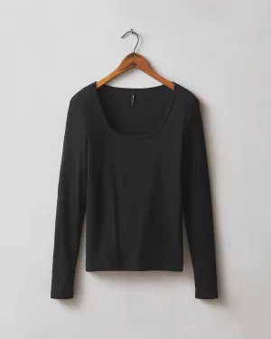 Stretch Rib Square Neck Long Sleeve Tee - Black