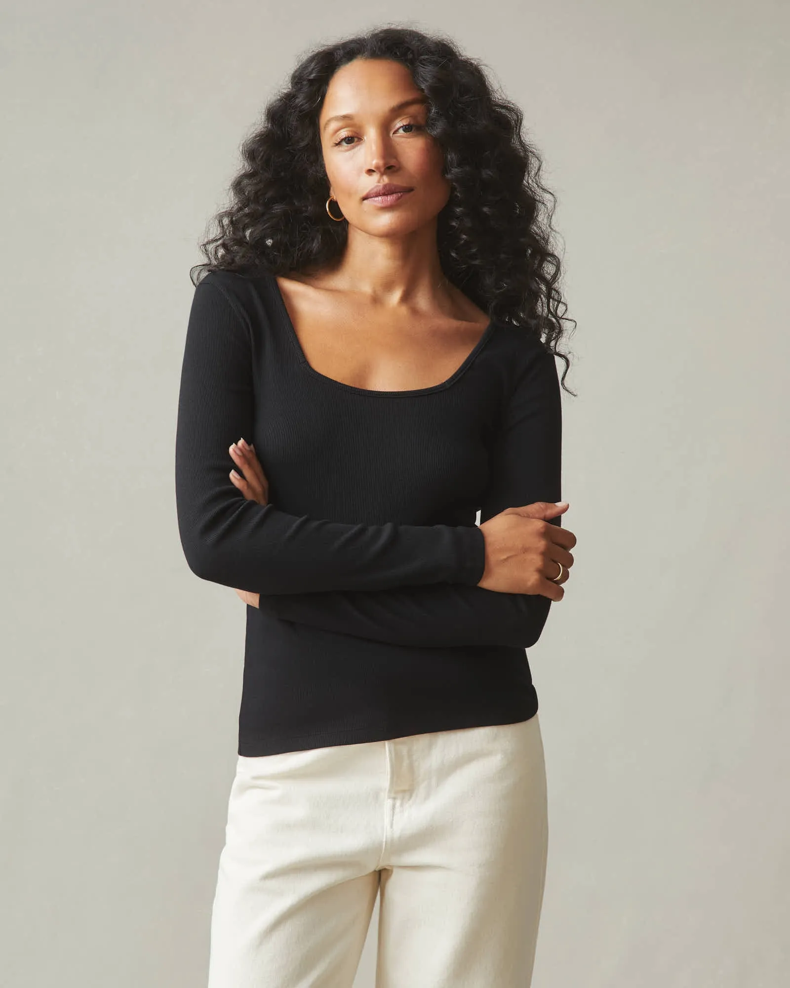 Stretch Rib Square Neck Long Sleeve Tee - Black