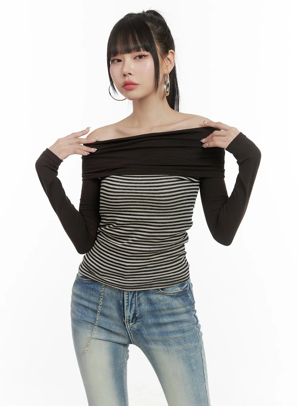 Striped Off-Shoulder Long Sleeve OS410