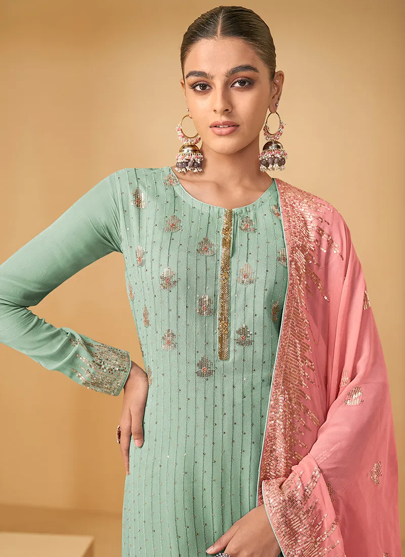 Teal And Pink Sequence Embroidery Georgette Gharara Suit