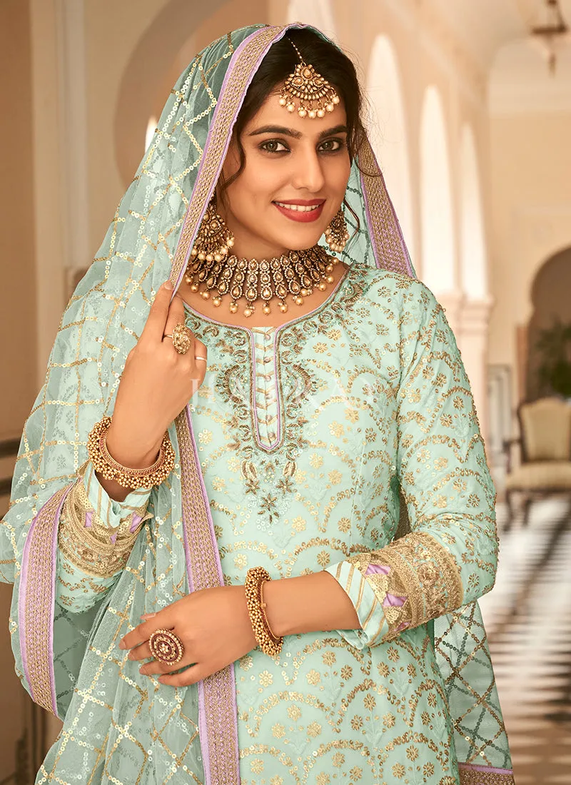 Teal Blue Sequence Embroidered Wedding Gharara Suit