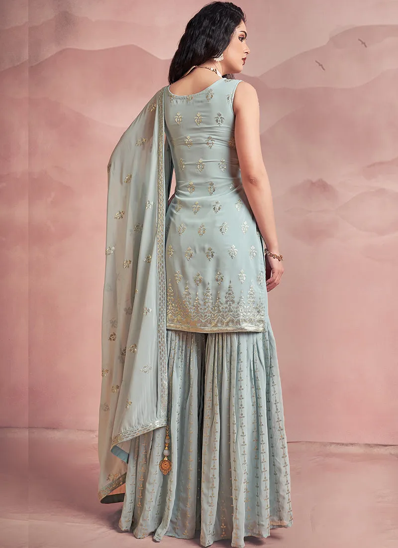 Teal Blue Sequence Embroidery Gharara Style Suit