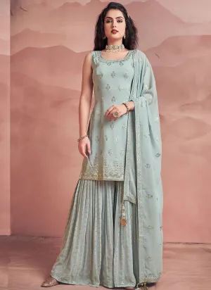 Teal Blue Sequence Embroidery Gharara Style Suit