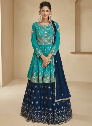 Turquoise And Blue Embroidery Wedding Anarkali Lehenga