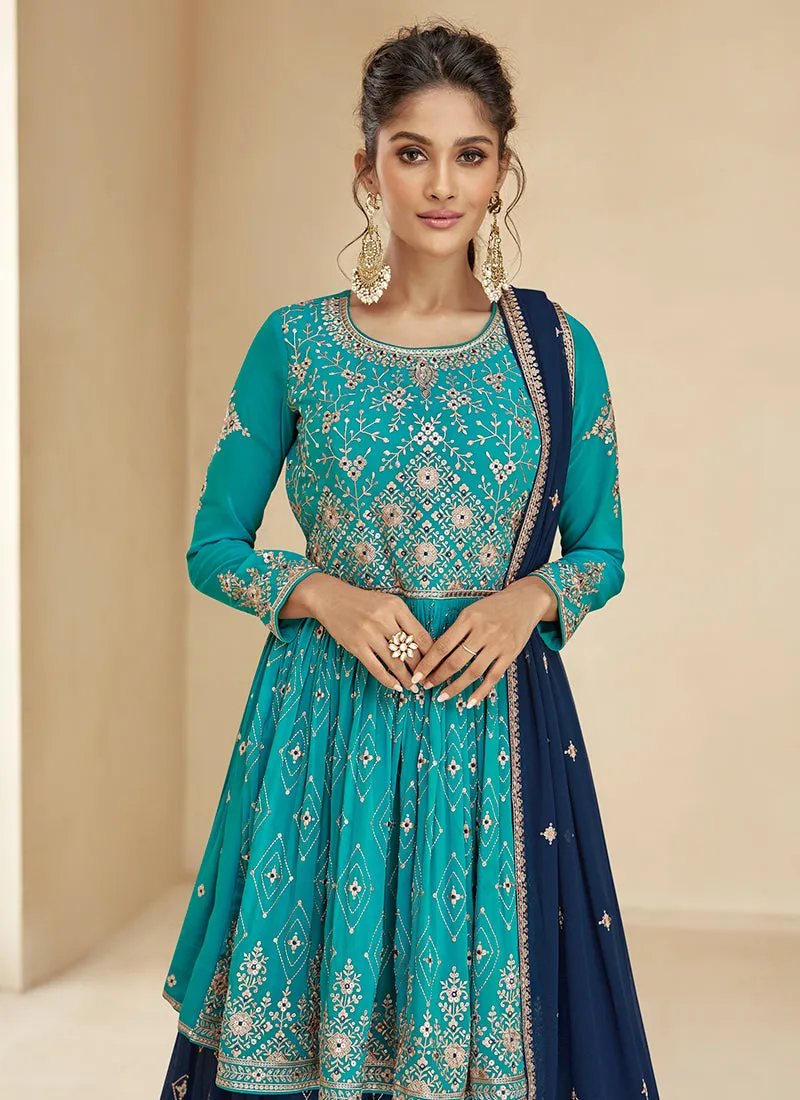 Turquoise And Blue Embroidery Wedding Anarkali Lehenga