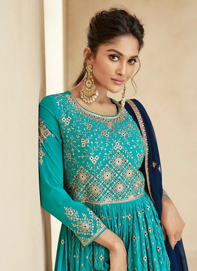 Turquoise And Blue Embroidery Wedding Anarkali Lehenga