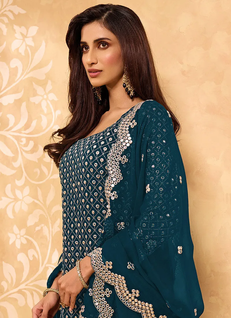 Turquoise Embroidered Georgette Sharara Suit