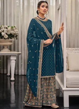 Turquoise Green Multi Embroidered Traditional Gharara Suit