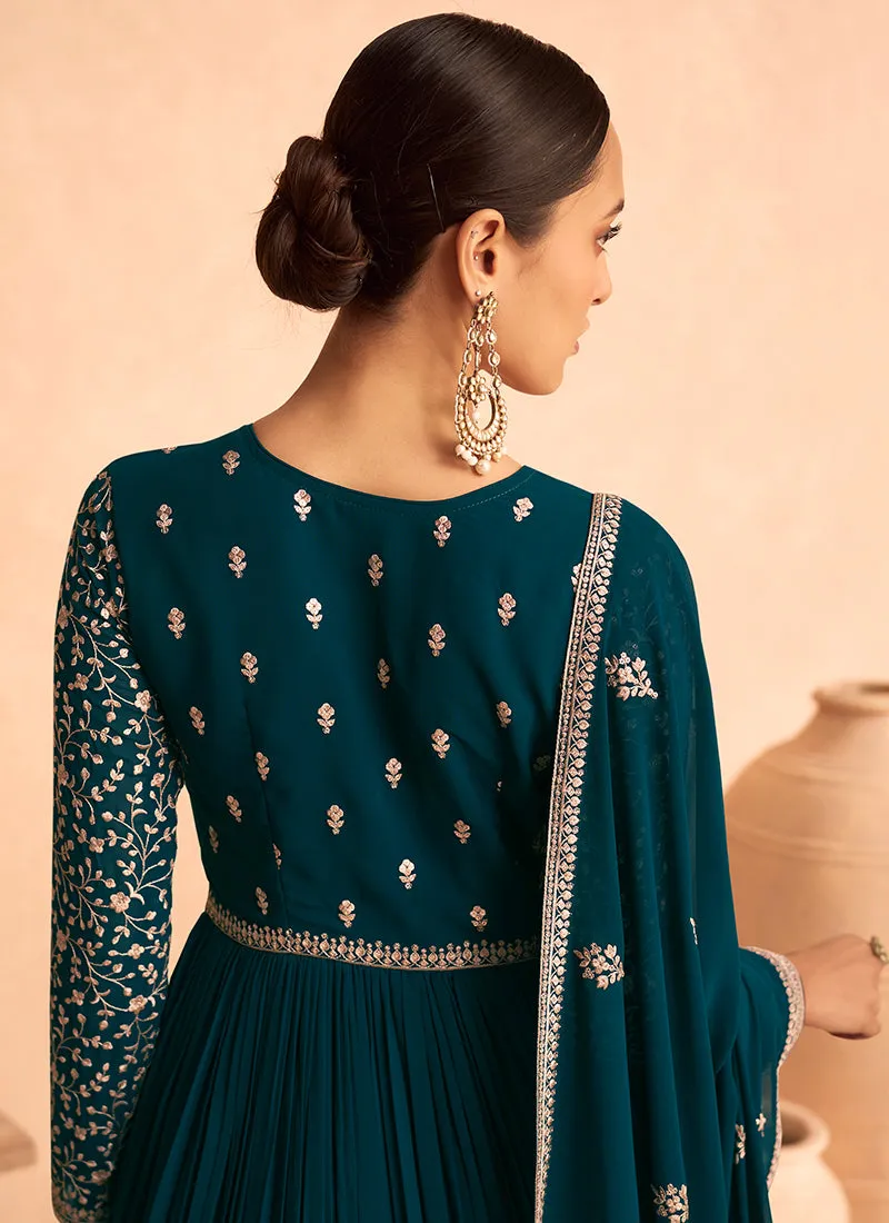 Turquoise Sequence Embroidery Festive Anarkali Suit