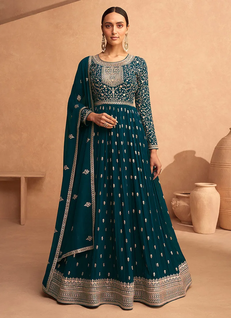 Turquoise Sequence Embroidery Festive Anarkali Suit