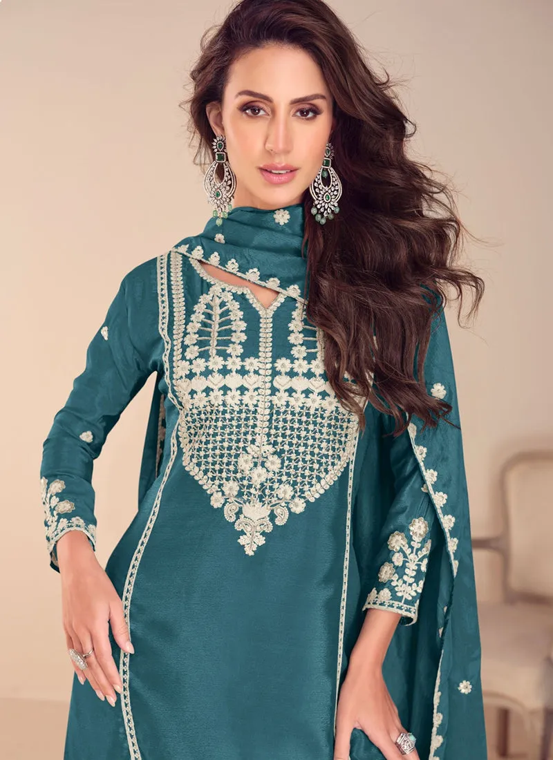 Turquoise Threadwork Embroidery Gharara Suit