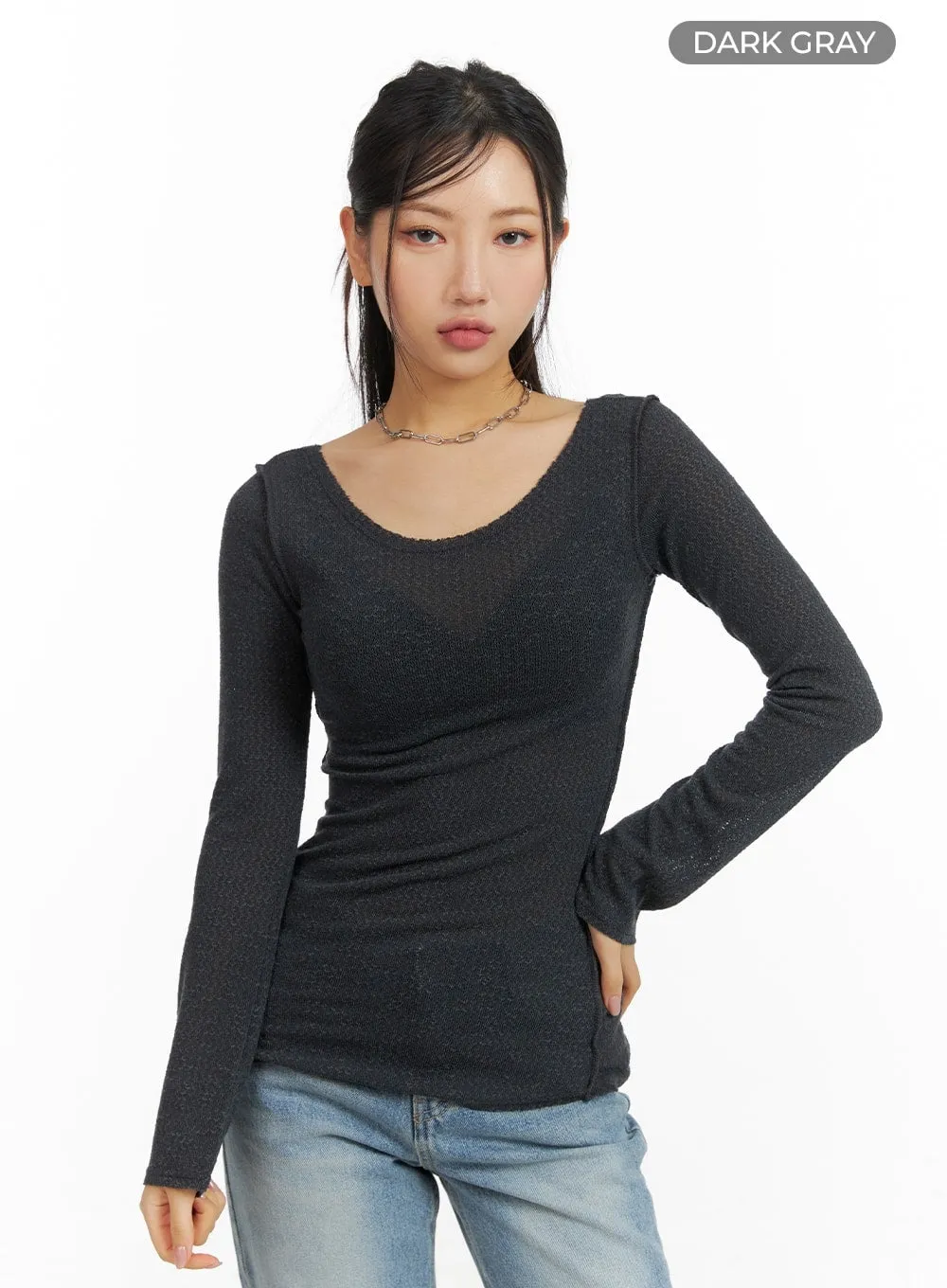 U-Neck Stitch Detail Long Sleeve CM411