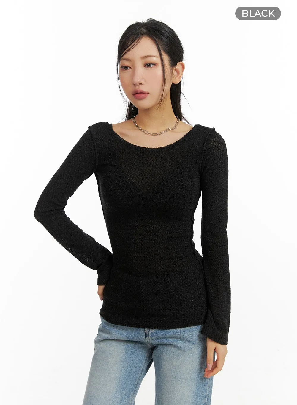 U-Neck Stitch Detail Long Sleeve CM411