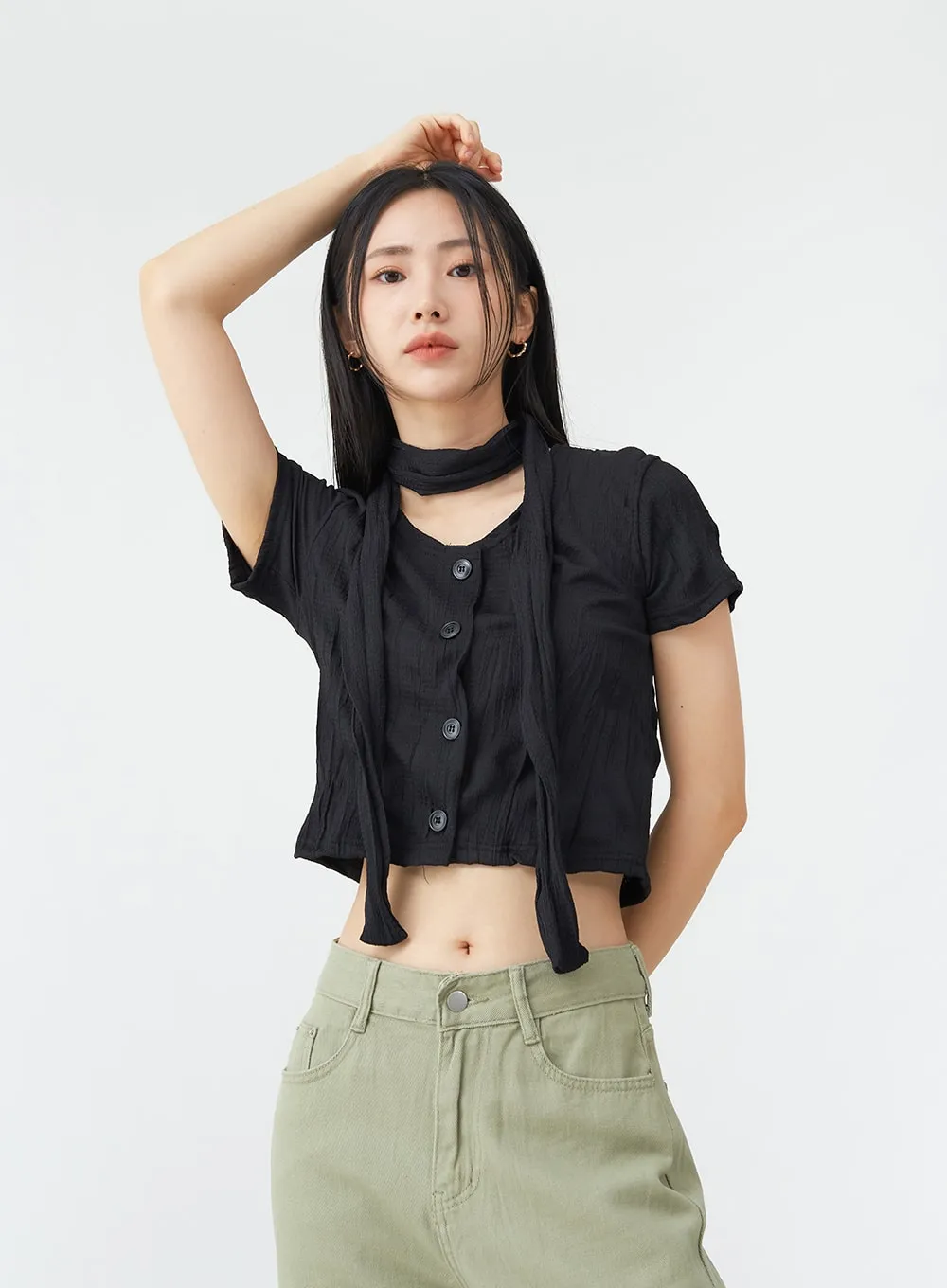 U-Neck Wrinkle Blouse with Scarf OG05