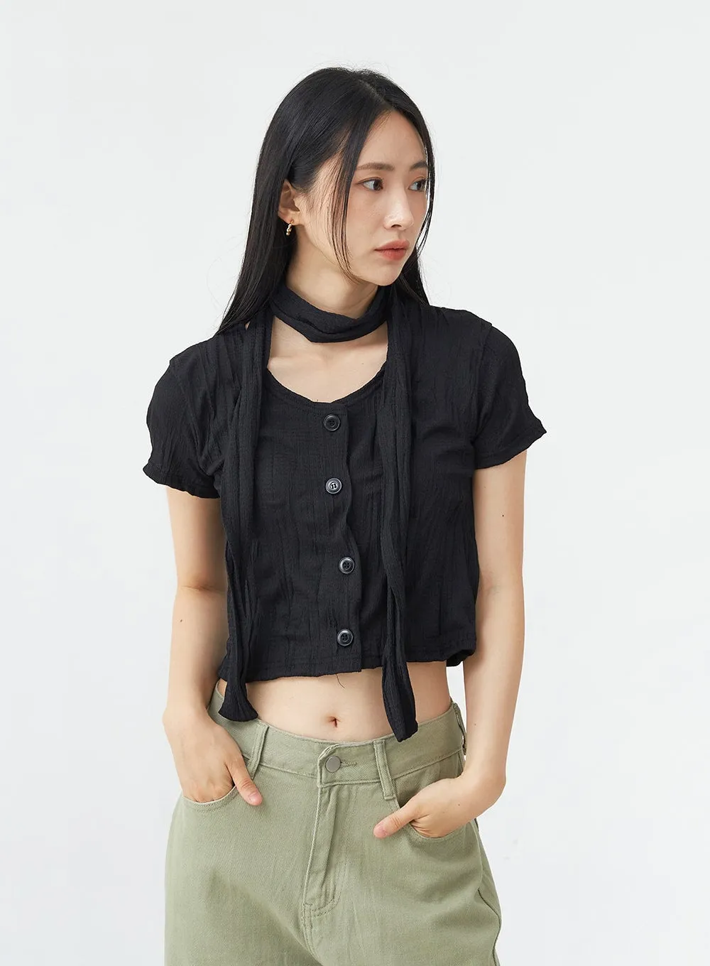 U-Neck Wrinkle Blouse with Scarf OG05