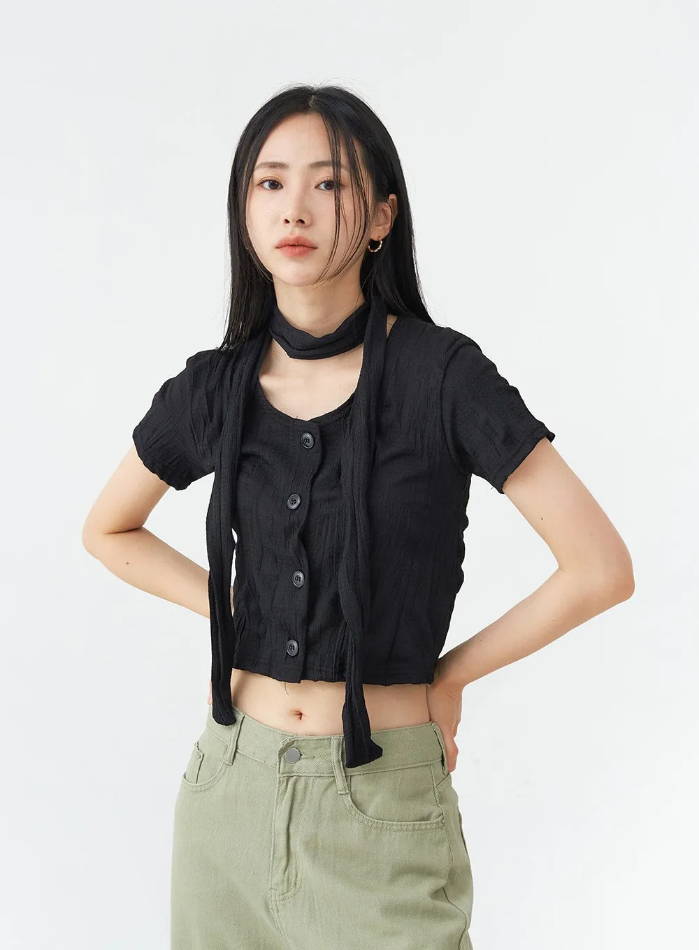 U-Neck Wrinkle Blouse with Scarf OG05