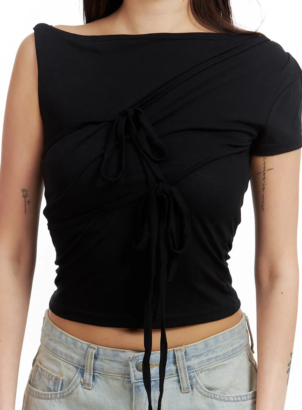 Unbalanced Ribbon Twist Crop Top CU417