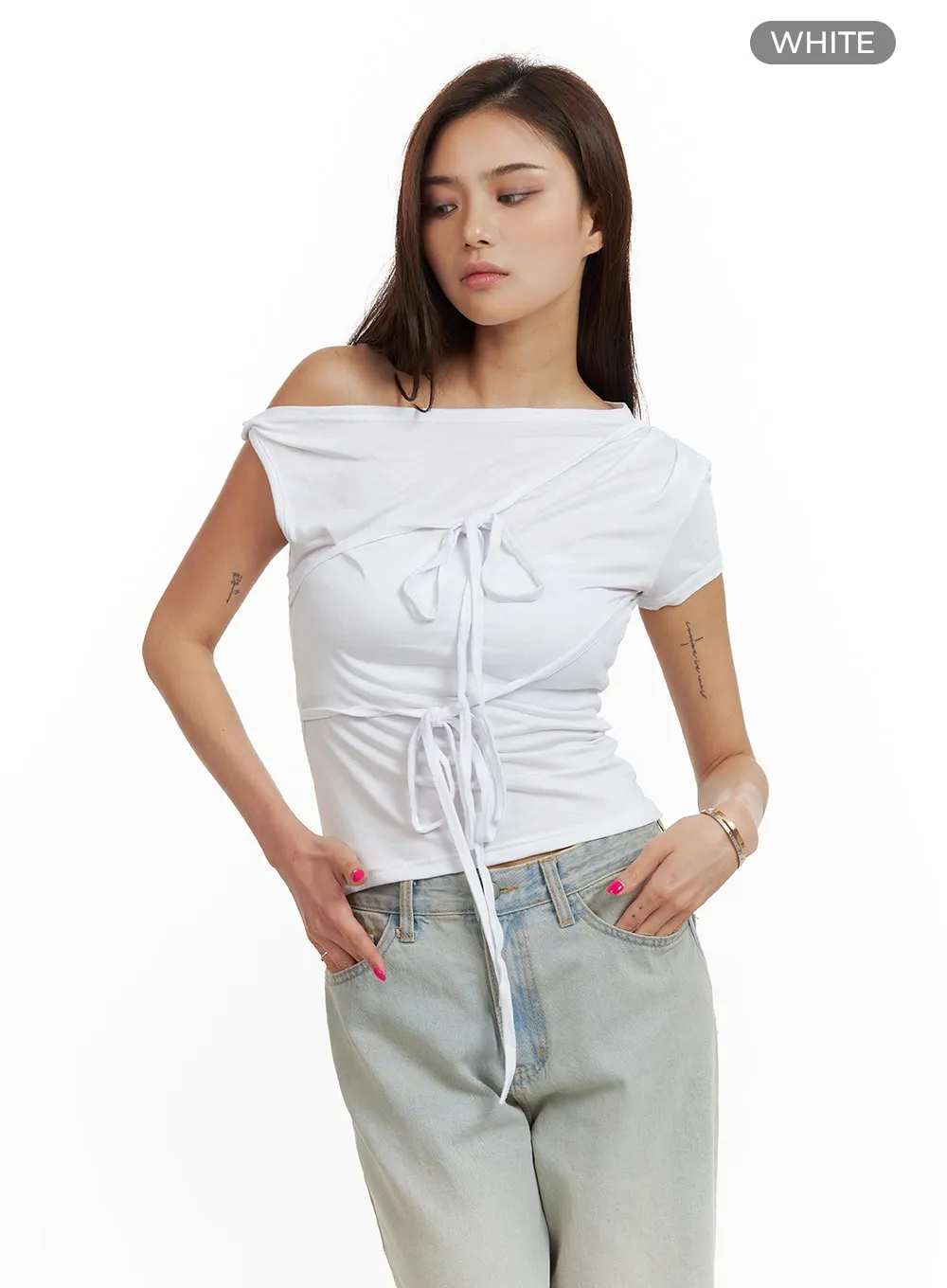 Unbalanced Ribbon Twist Crop Top CU417