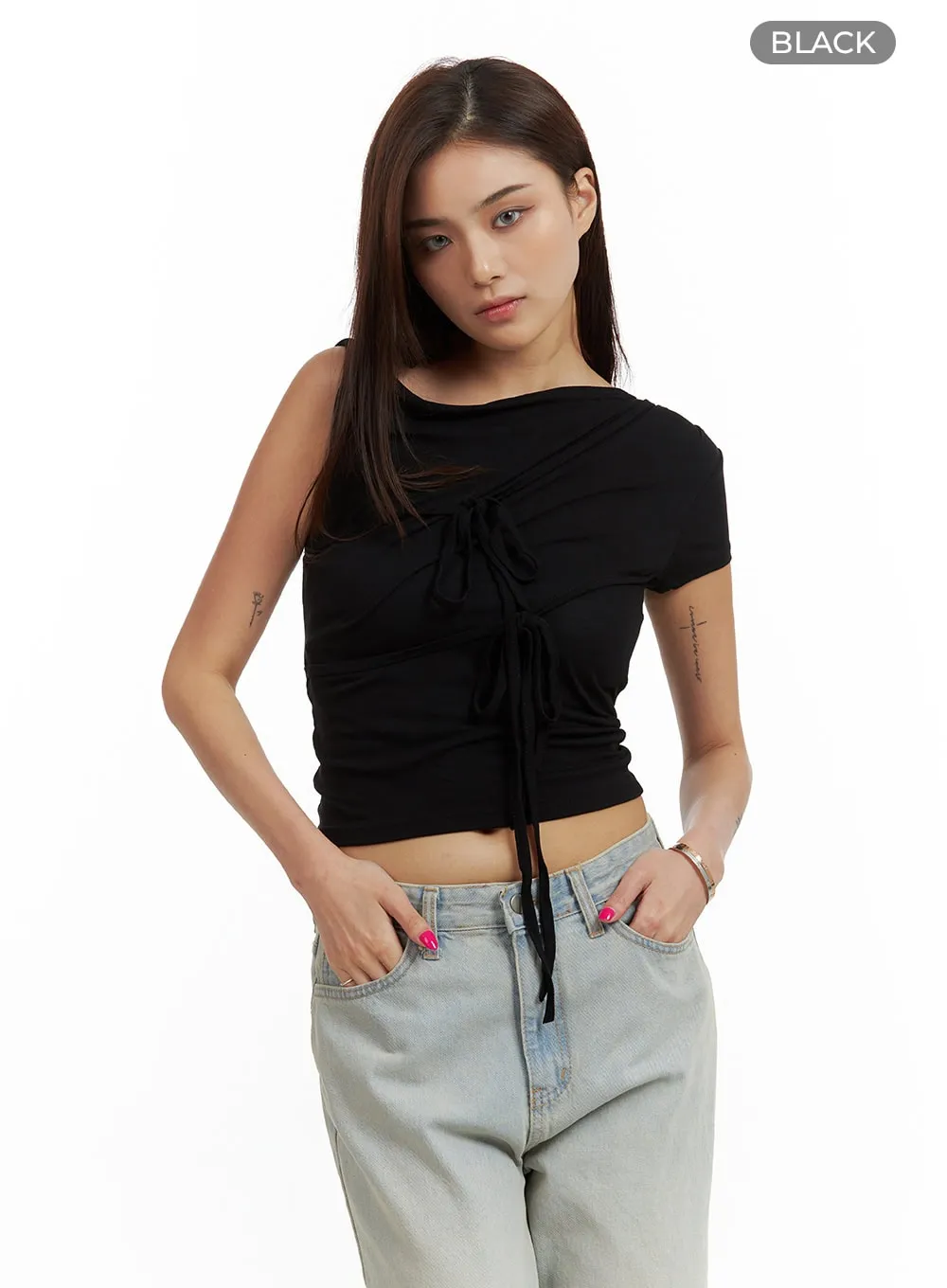 Unbalanced Ribbon Twist Crop Top CU417