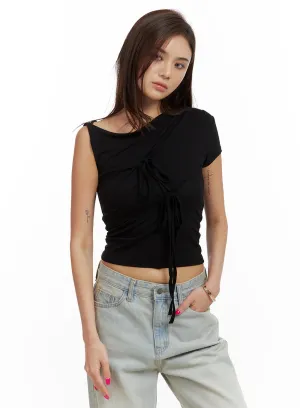 Unbalanced Ribbon Twist Crop Top CU417