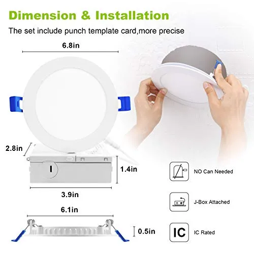 VOLISUN 12 Pack 6 Inch 5CCT Ultra-Thin LED Recessed Ceiling Light with Junction Box,2700K-5000K Color Temperature Selectable,CRI 90 ,12W Eqv 110W,1050LM,Dimmable Can-Killer Downlight,ETL